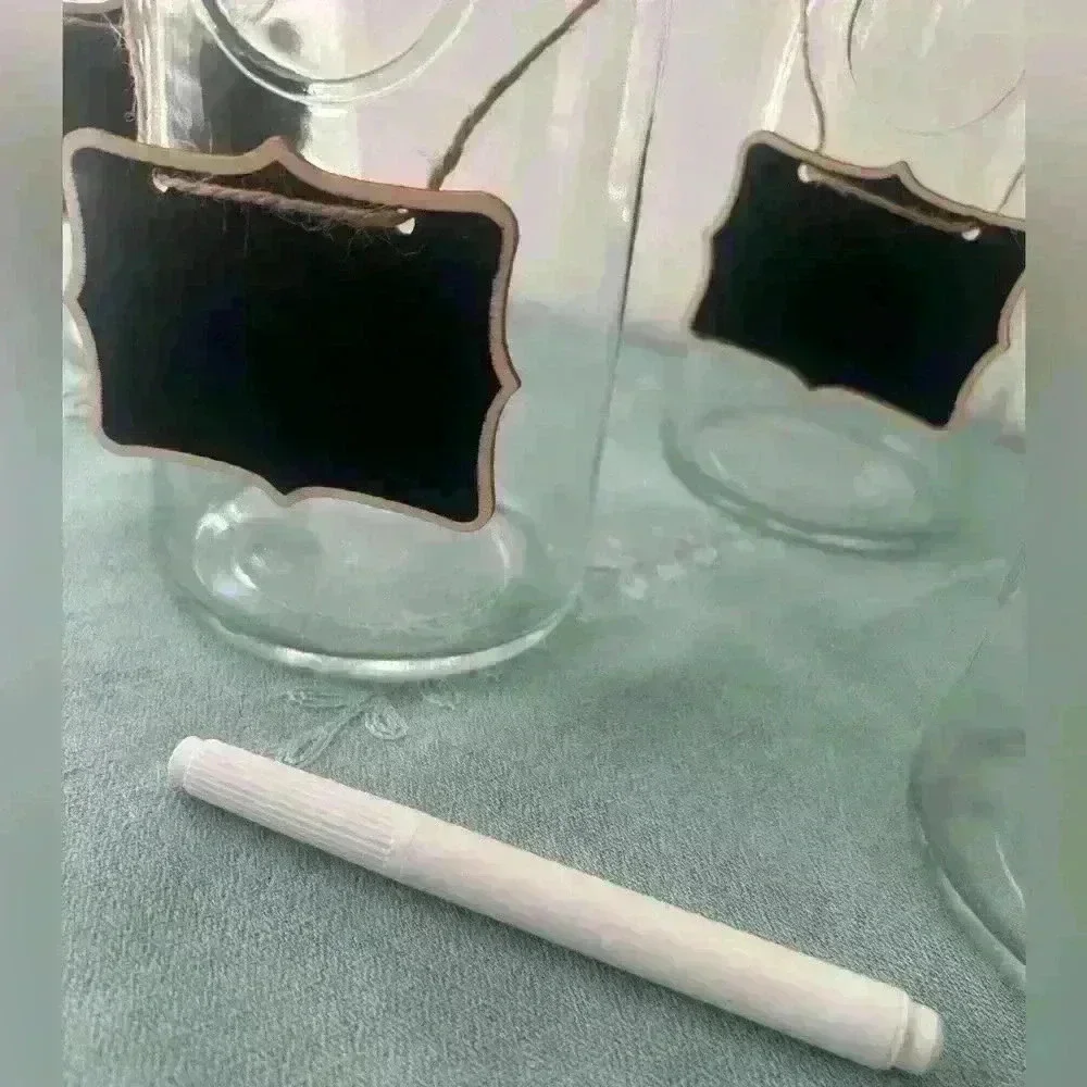 🐮 6 Glass Milk Bottles, 6 covers, black chaulk hanging tags and white marker